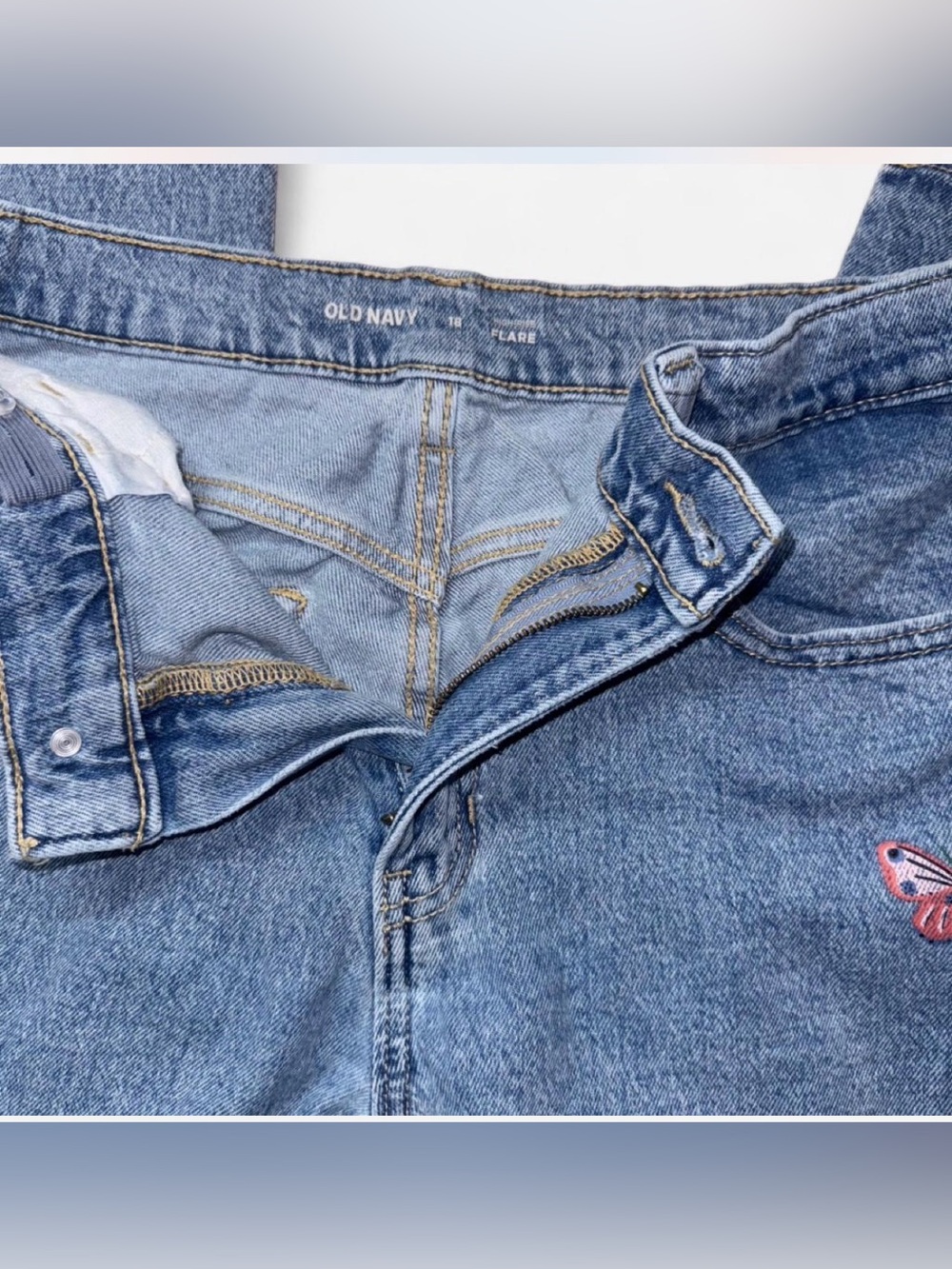 Old Navy  Blue Denim Flare Jeans with Butterfly Embroidery. Size girls 18 - Picture 7 of 8